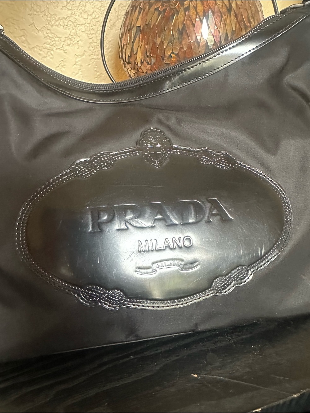 Authentic Prada black Tessuto Nylon Shoulder Bag with Leather Plaque - Picture 2 of 16